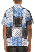 Men's blue black paisley shirt featuring a unique patchwork design for a stylish vacation look