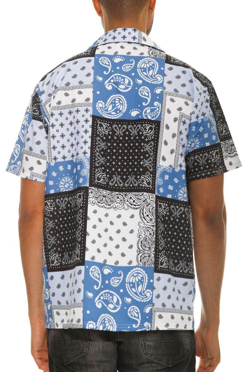Men's blue black paisley shirt featuring a unique patchwork design for a stylish vacation look