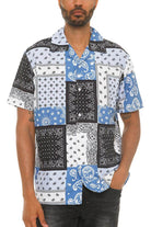 Men's blue black paisley shirt featuring a stylish patchwork design for casual wear