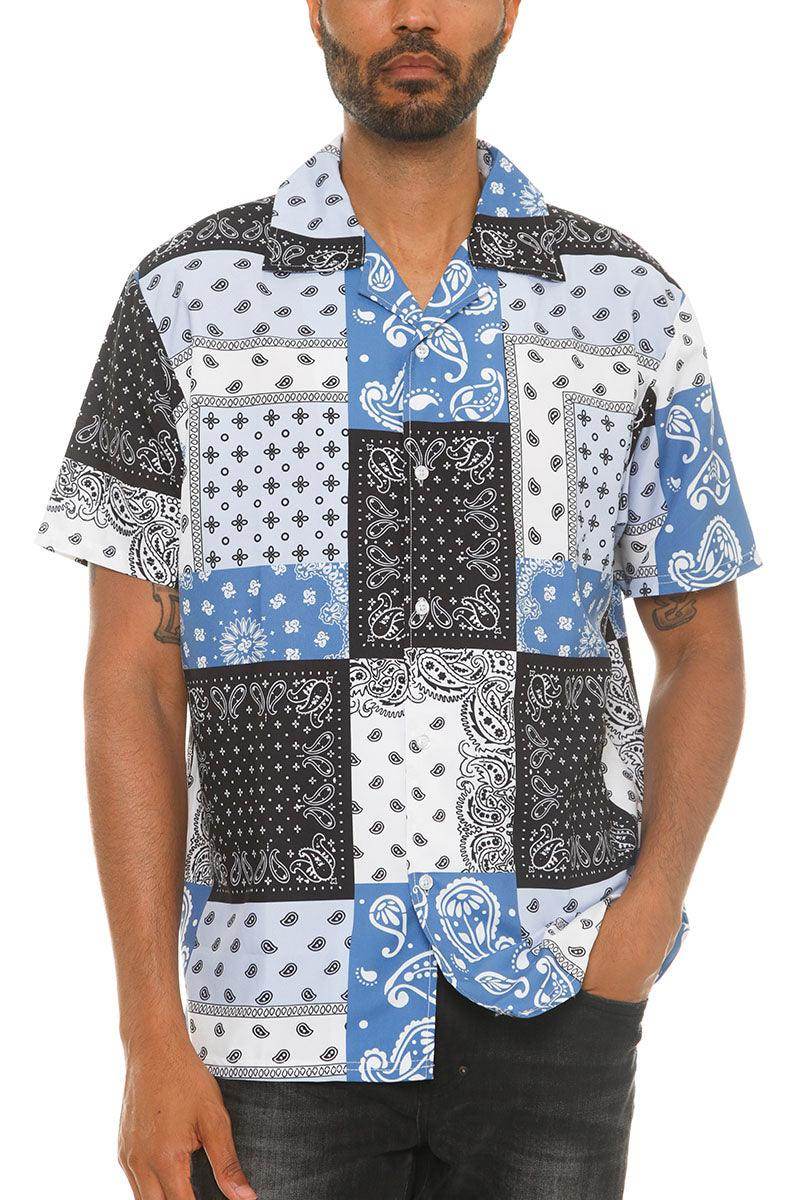 Men's blue black paisley shirt featuring a stylish patchwork design for casual wear