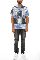 Stylish blue black paisley shirt for men, featuring a unique patchwork design for casual wear