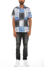 Stylish blue black paisley shirt for men, featuring a unique patchwork design for casual wear