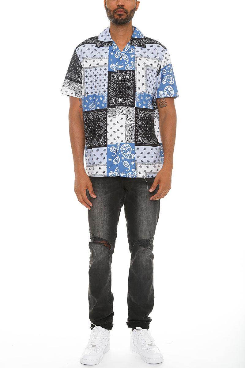 Stylish blue black paisley shirt for men, featuring a unique patchwork design for casual wear