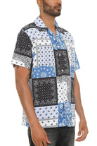 Men's blue black paisley shirt with a stylish patchwork design for casual outings
