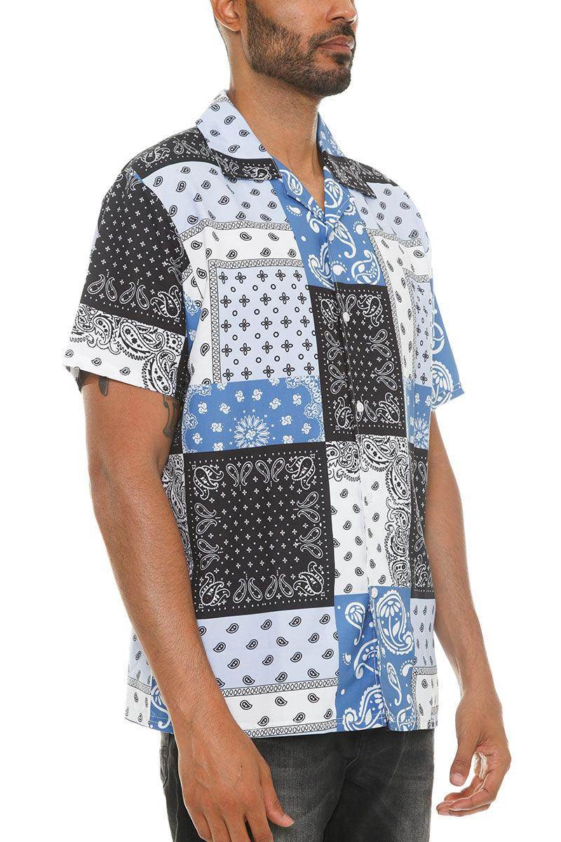 Men's blue black paisley shirt with a stylish patchwork design for casual outings