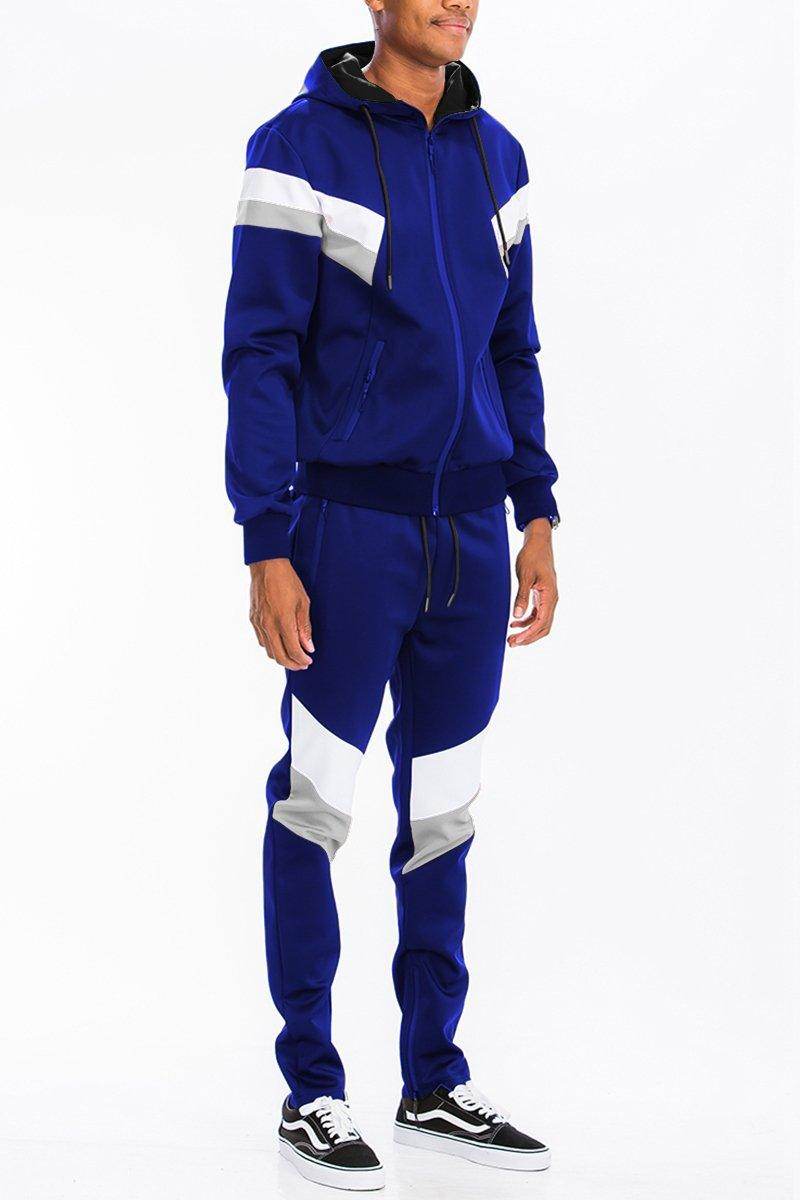 Men's 2PC Track Sets in blue black white track suit with stylish color block design
