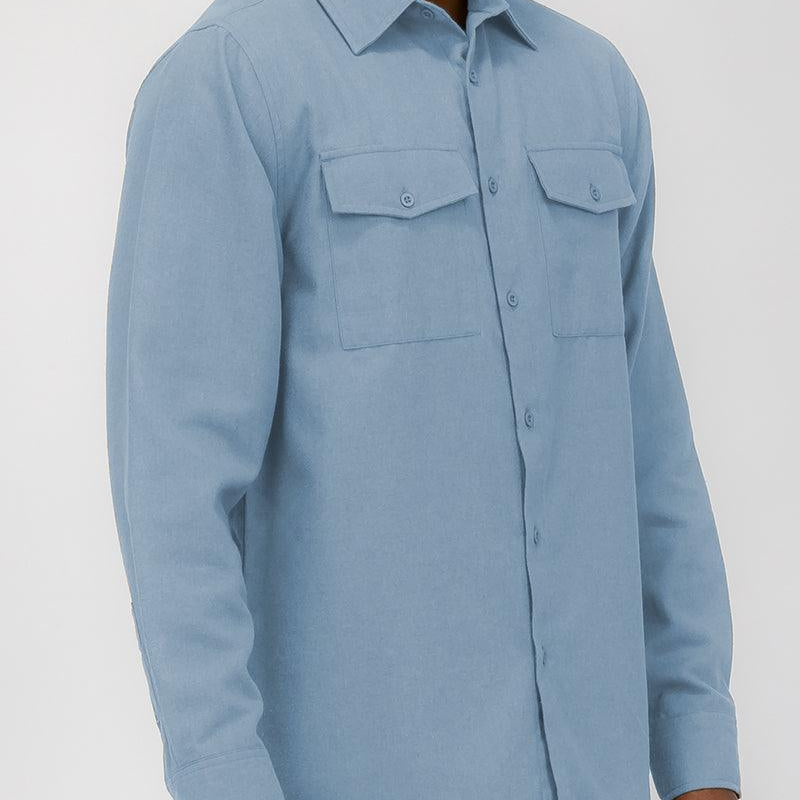 Men's Shirts Blue Blank Brushed Long Sleeve Flannel Shirt Mens
