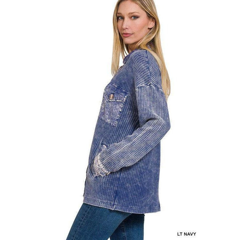ZENANA blue cotton shacket featuring a loose fit and front pocket, perfect for casual layering