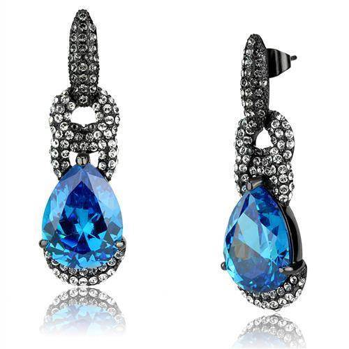 Sparkling blue crystal drop earrings with intricate black embellishments for a stylish look