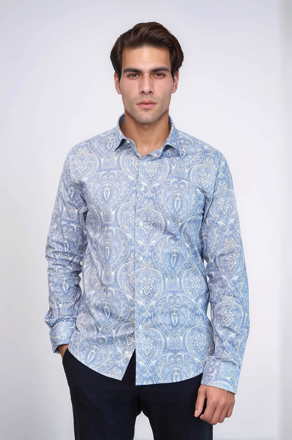 Blue Damask Pattern Slim Fit Shirt – front view