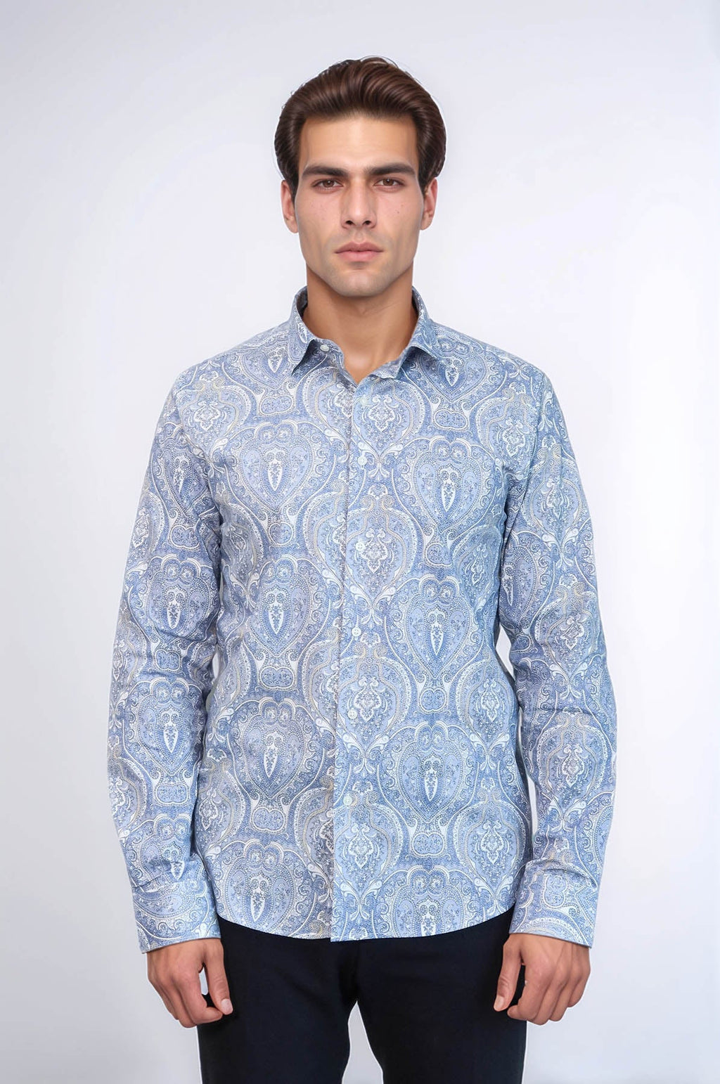 Blue Damask Pattern Slim Fit Shirt – side view
