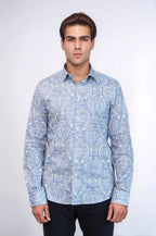 Blue Damask Pattern Slim Fit Shirt – side view