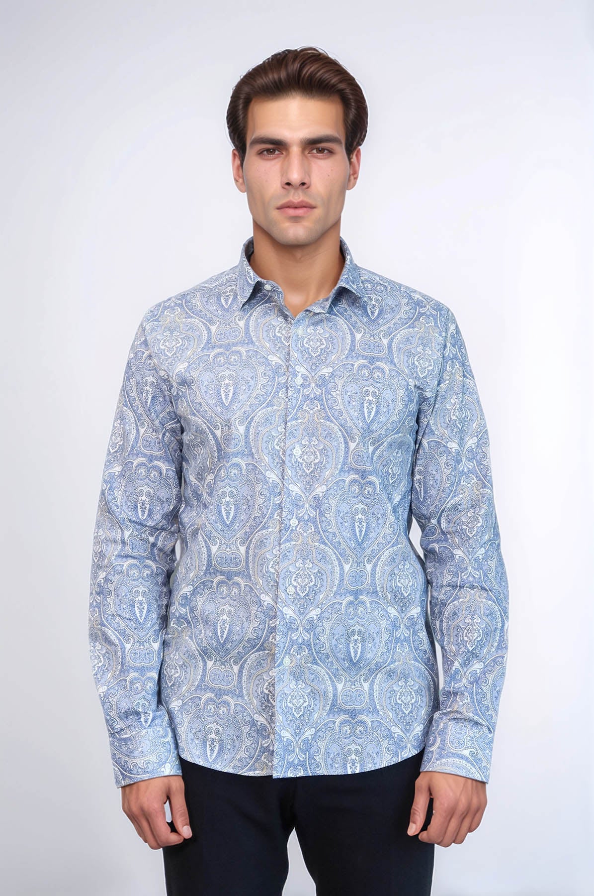 Blue Damask Pattern Slim Fit Shirt – side view