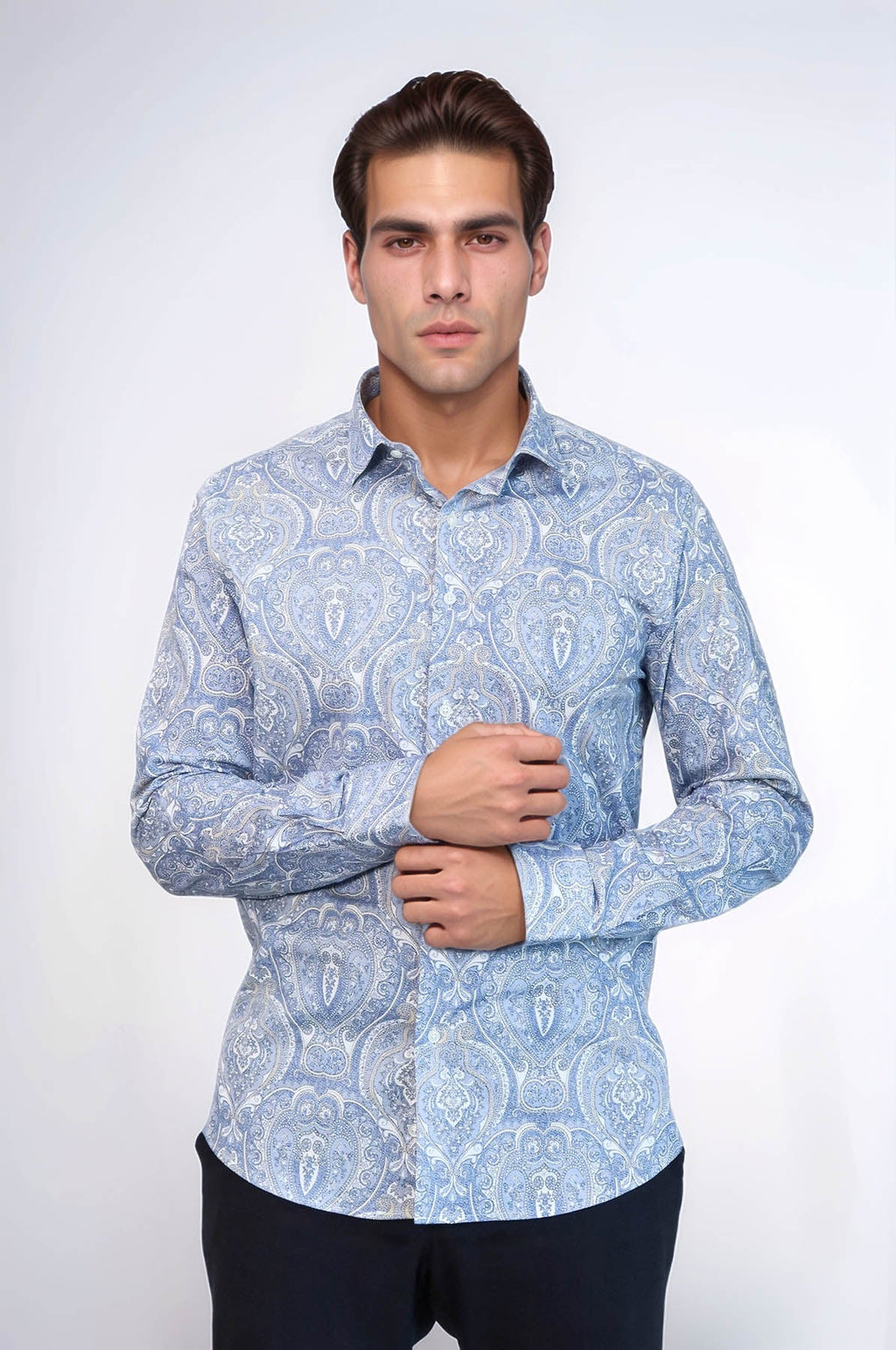 Blue Damask Pattern Slim Fit Shirt – styled view