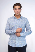 Blue Damask Pattern Slim Fit Shirt – styled view