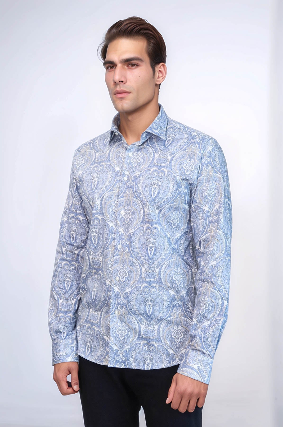 Blue Damask Pattern Slim Fit Shirt – close up view