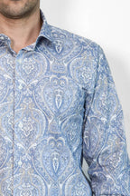 Blue Damask Pattern Slim Fit Shirt – full look view
