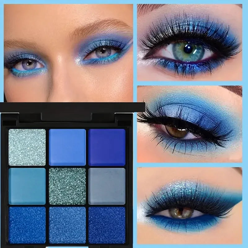 9-color blue eyeshadow palette with matte pearl and glitter finish (photo 1 of 7)