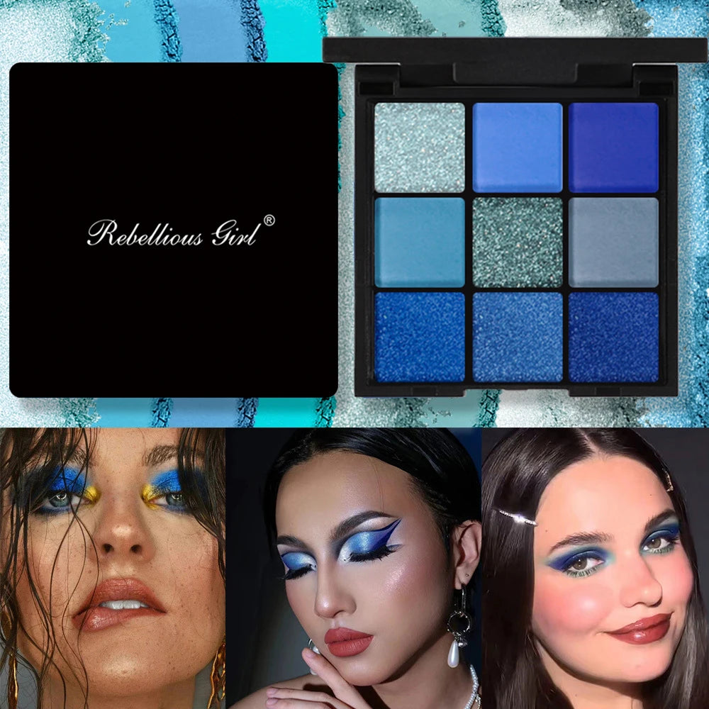 9-color blue eyeshadow palette with matte pearl and glitter finish (photo 3 of 7)