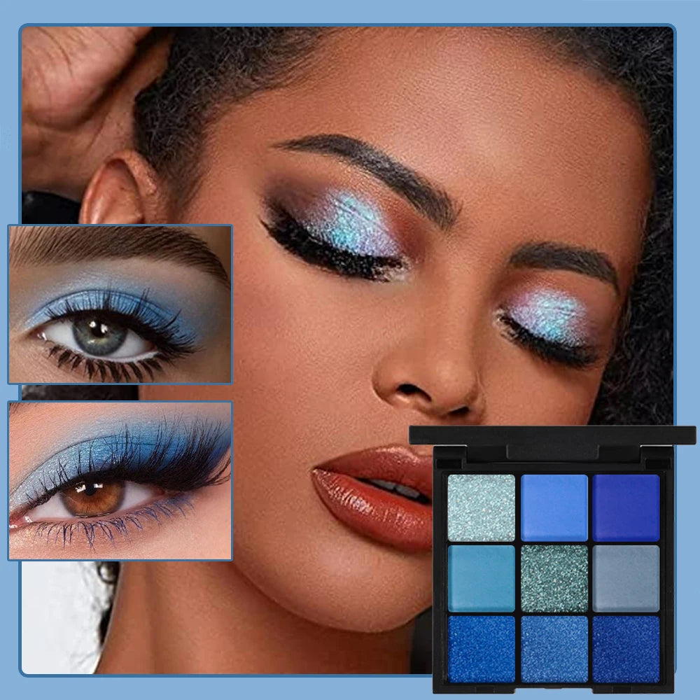 9-color blue eyeshadow palette with matte pearl and glitter finish (photo 4 of 7)