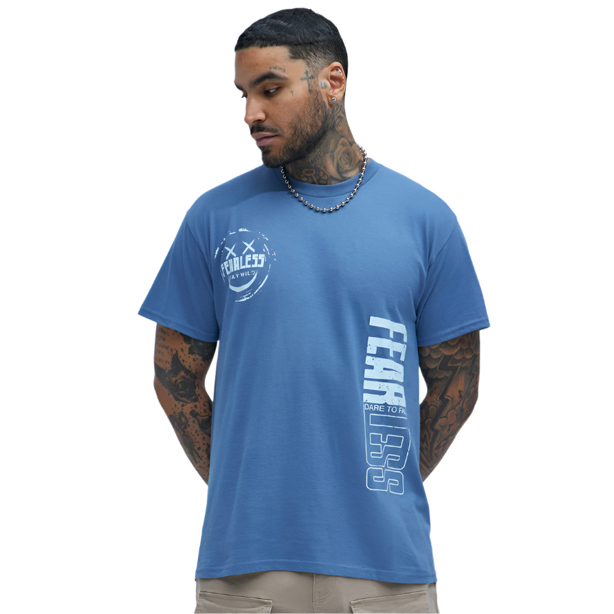 Men's blue fearless graphic tee by VacationGrabs with bold white print and comfortable fit