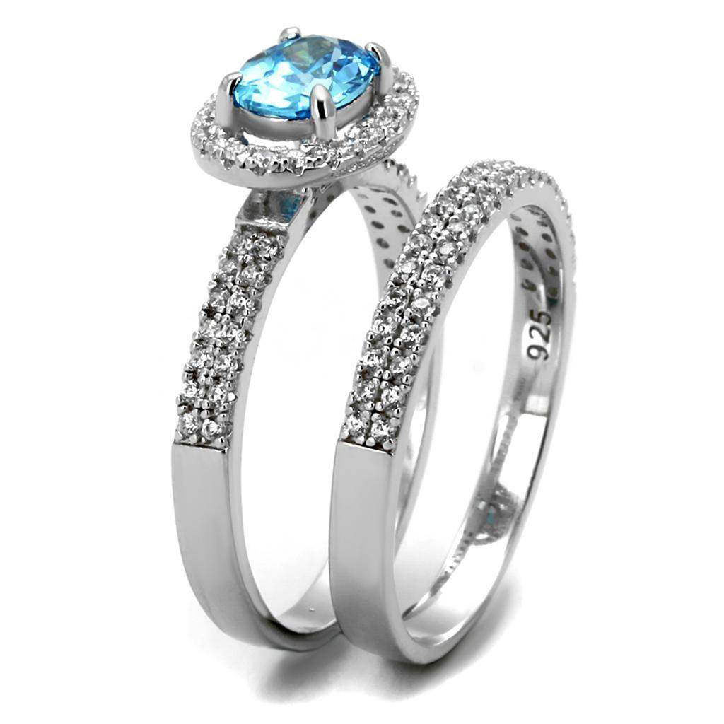 Elegant blue gemstone sterling silver ring for women with sparkling halo design and detailed shank