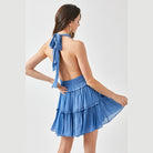 Mustard Seed women's blue halter neck smocked dress with open back and tiered skirt