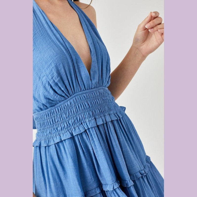 Mustard Seed blue halter neck smocked dress with deep neckline and tiered ruffle skirt