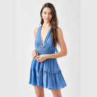 Mustard Seed women's blue halter neck smocked dress with tiered skirt and deep V neckline