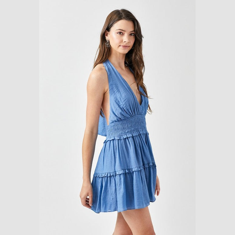 Mustard Seed women's halter neck smocked dress in blue with tiered skirt and deep V neckline