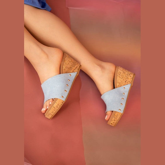 Maker's Shoes leather wedge sandals for women with light blue straps and cork wedge heels