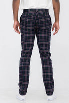 Men's blue multi plaid pants from WEIV featuring a stylish back view and tailored fit