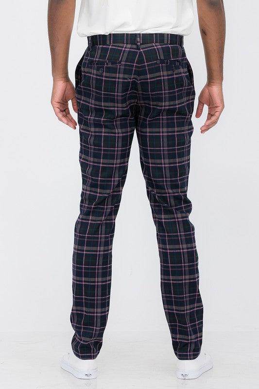 Men's blue multi plaid pants from WEIV featuring a stylish back view and tailored fit