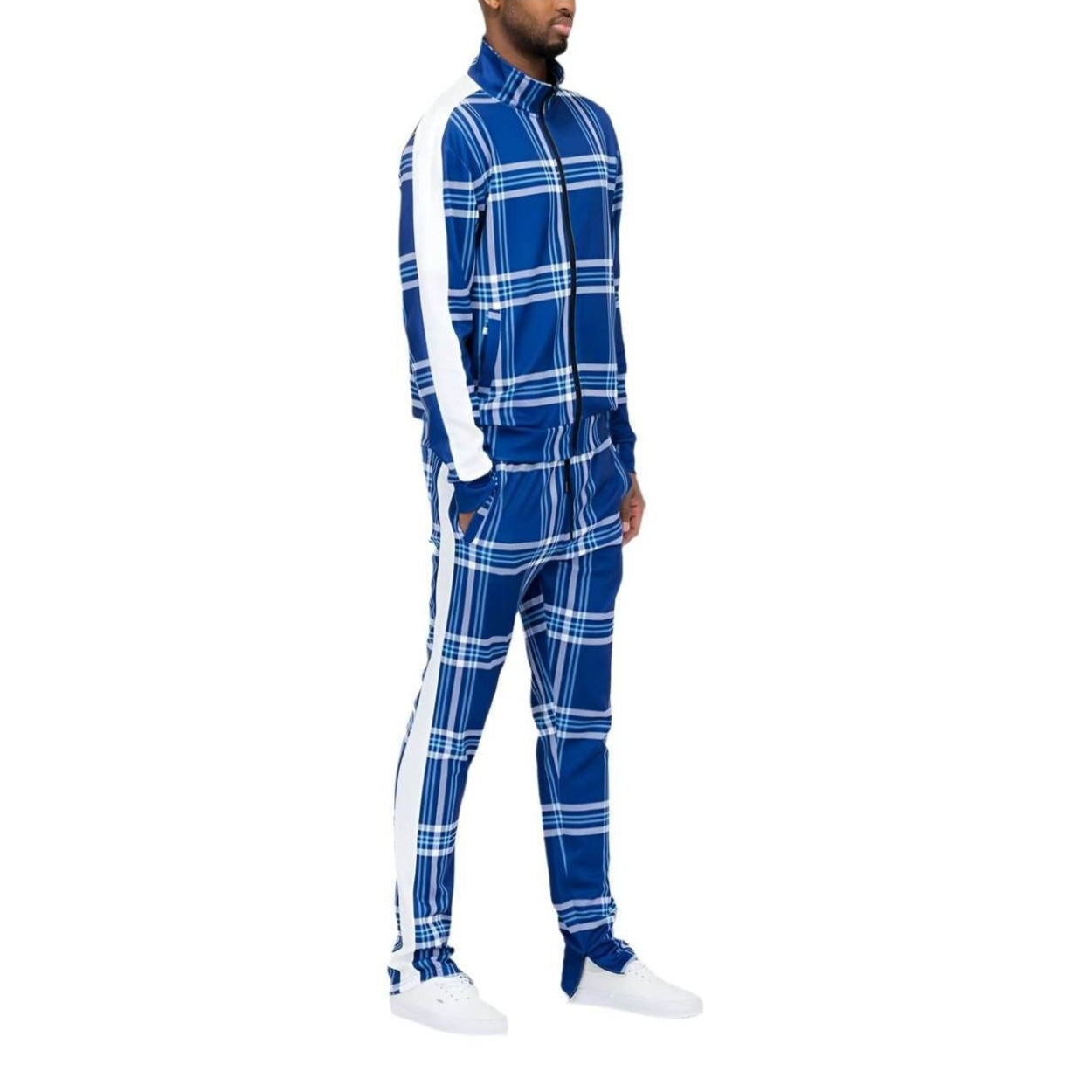 Blue Plaid Track Jacket and Pant Set - VacationGrabs