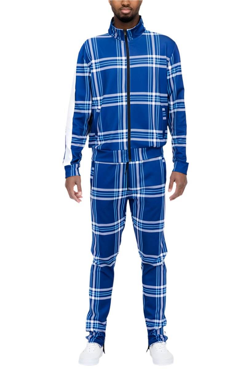 Blue Plaid Track Jacket and Pant Set - VacationGrabs