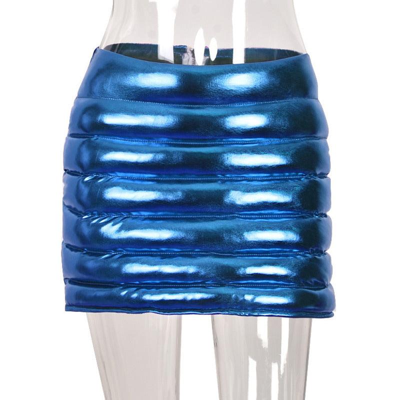 Women's Skirts Blue Puffer Mini Skirt Metallic Shiny Warm Quilted