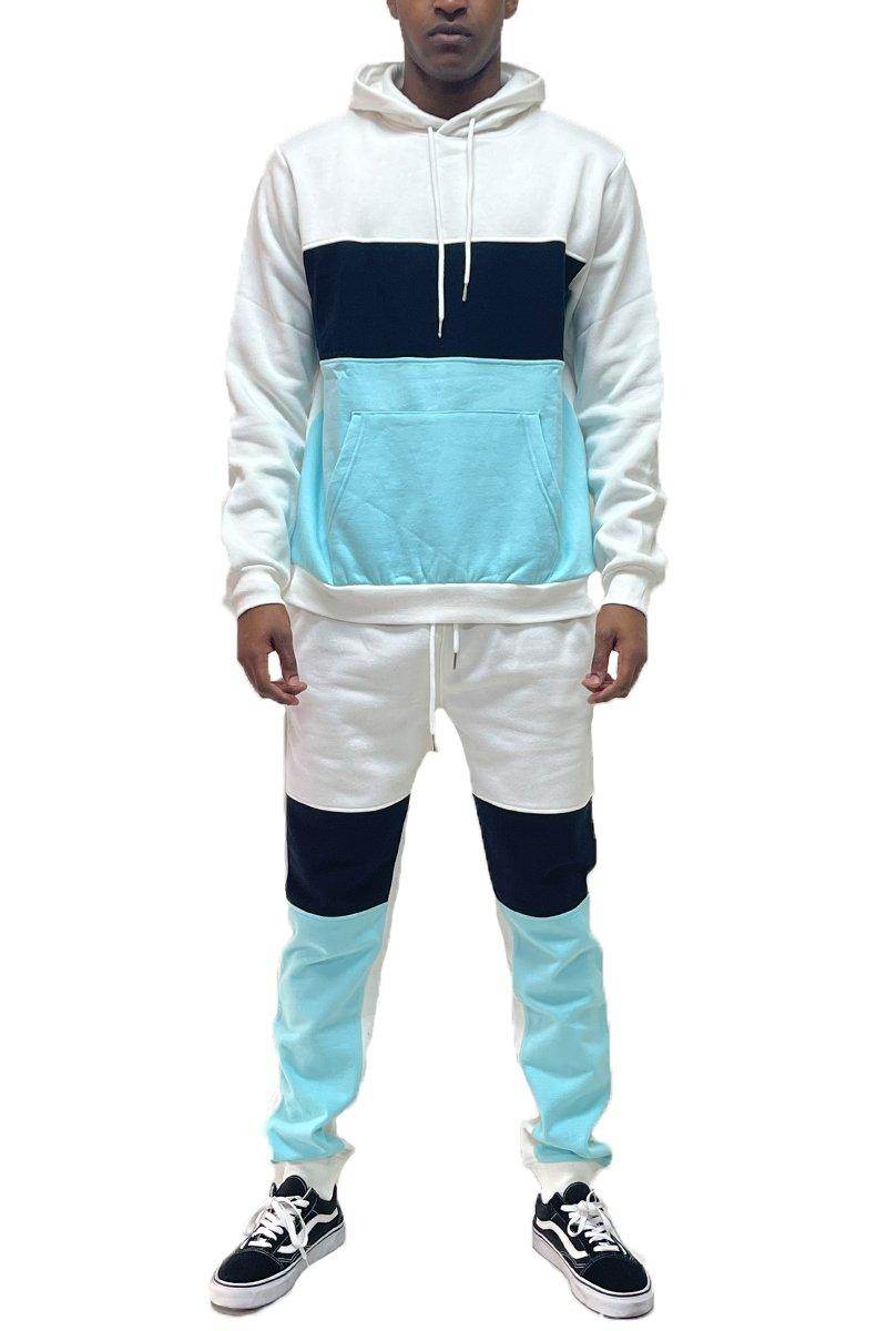 VacationGrabs Men's 2PC Track Set featuring a blue pullover sweatpants outfit with color-block design