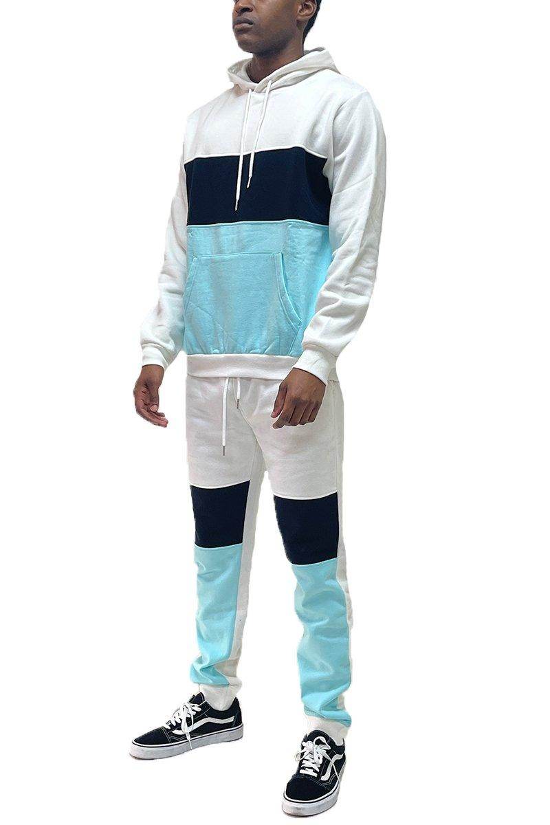 Men's 2PC Track Set featuring a blue pullover sweatpants outfit with contrasting colors for a stylish look