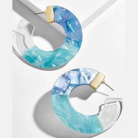 ClaudiaG Collection blue resin hoop earrings with a stunning marbled design and gold accents