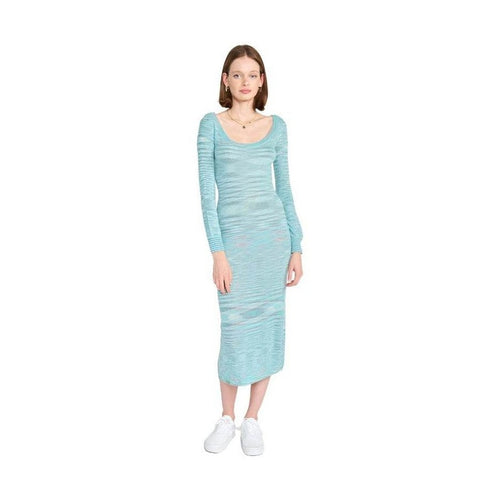 Emory Park blue scoop neck midi dress featuring a comfortable fit and long sleeves