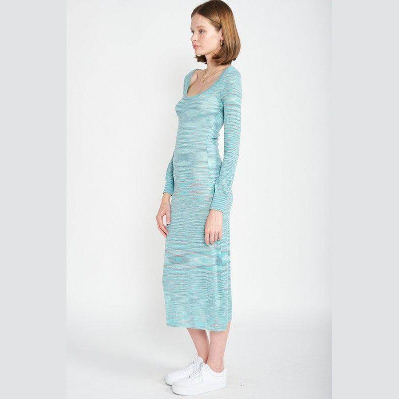 Emory Park blue scoop neck midi dress in a relaxed fit with long sleeves and a ribbed design