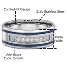 Blue stripe ring for men made of 316L stainless steel with AAA grade cubic zirconia accents