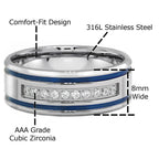 Blue stripe ring for men made of 316L stainless steel with AAA grade cubic zirconia accents