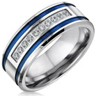 Men's blue stripe ring for men featuring blue enamel and sparkling cubic zirconia accents
