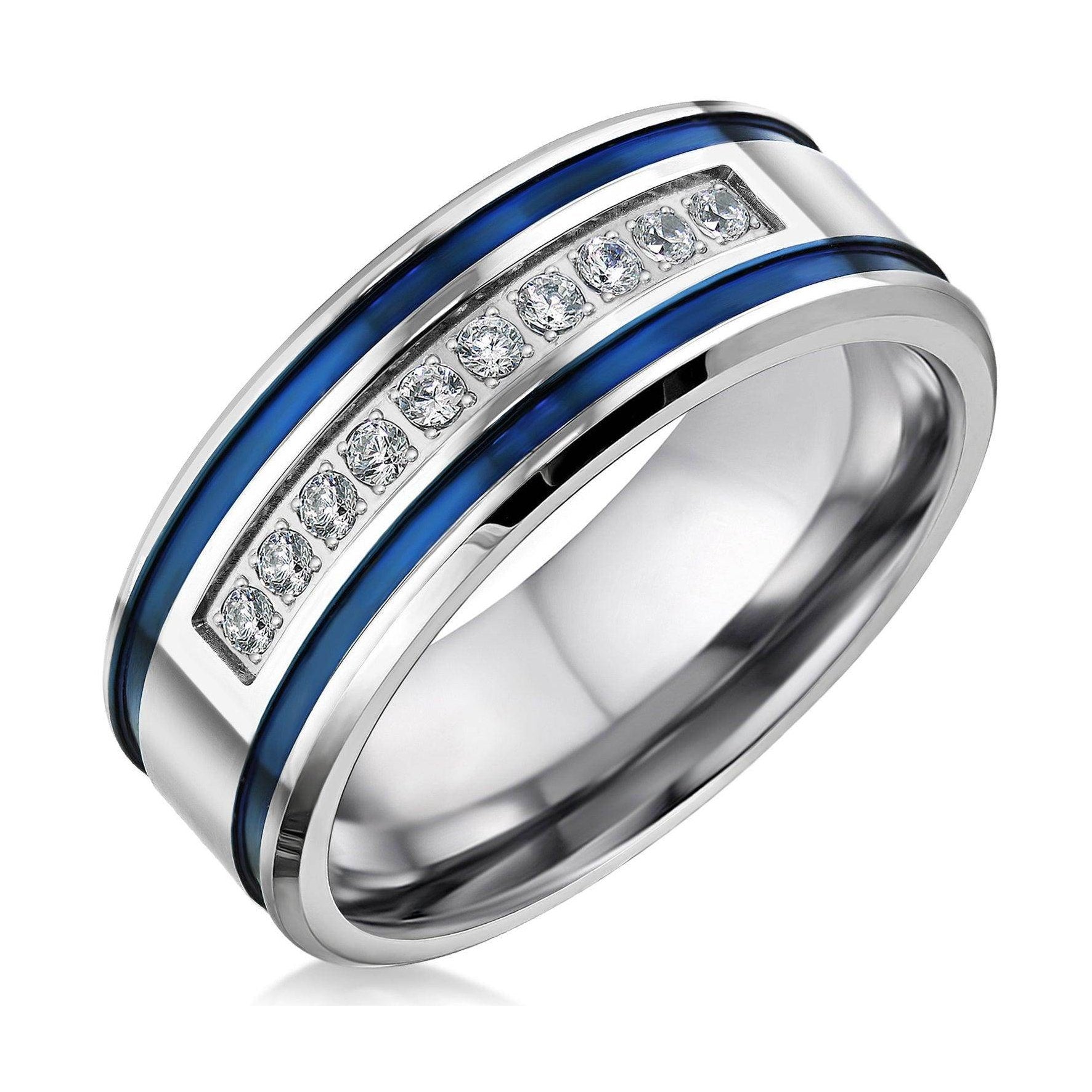 Men's blue stripe ring for men featuring blue enamel and sparkling cubic zirconia accents