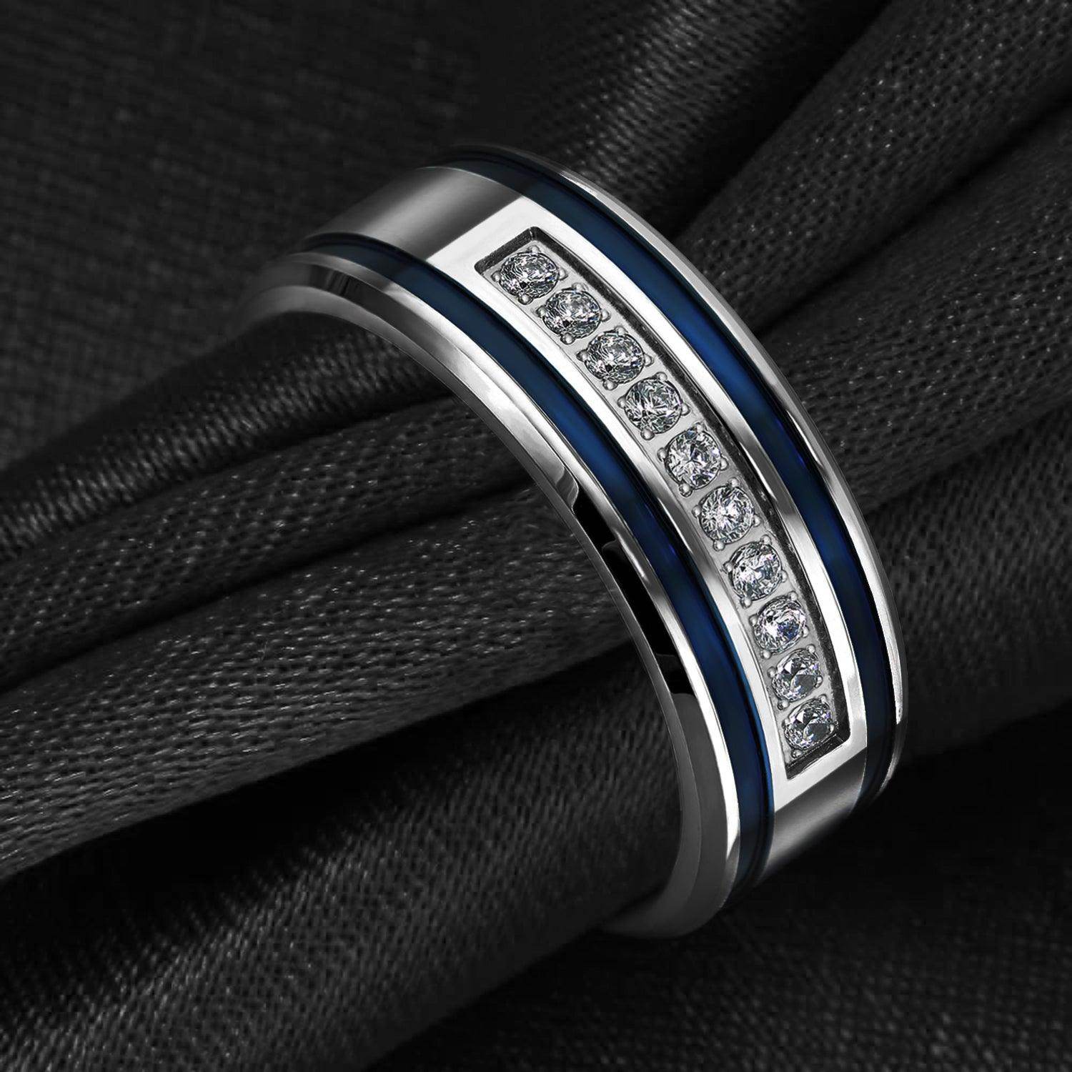 Stylish blue stripe ring for men featuring sparkling stones and a sleek design