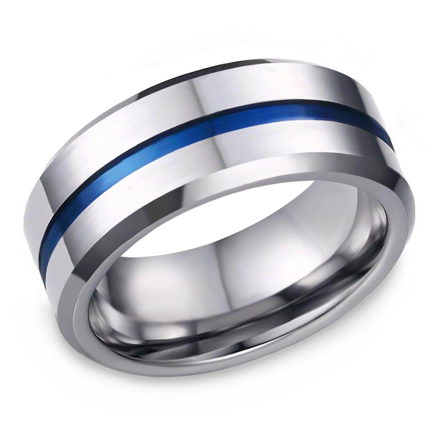 Blue stripe stainless ring for men, featuring a sleek and modern design with a polished finish