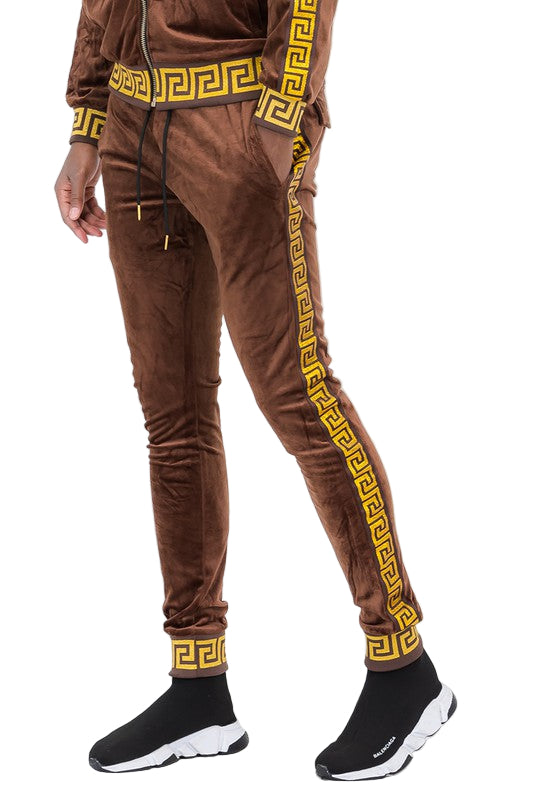 Brown velour jogger pants with yellow geometric pattern side stripes by WEIV