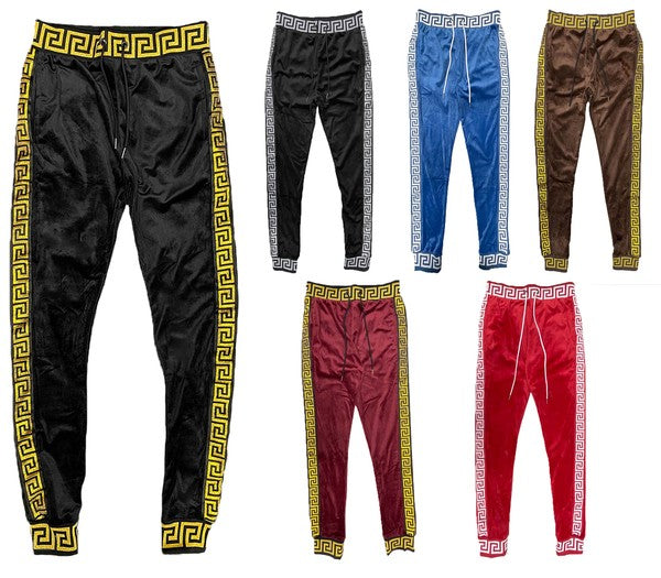 WEIV blue velour jogger pants with white patterned trim and adjustable drawstring waist