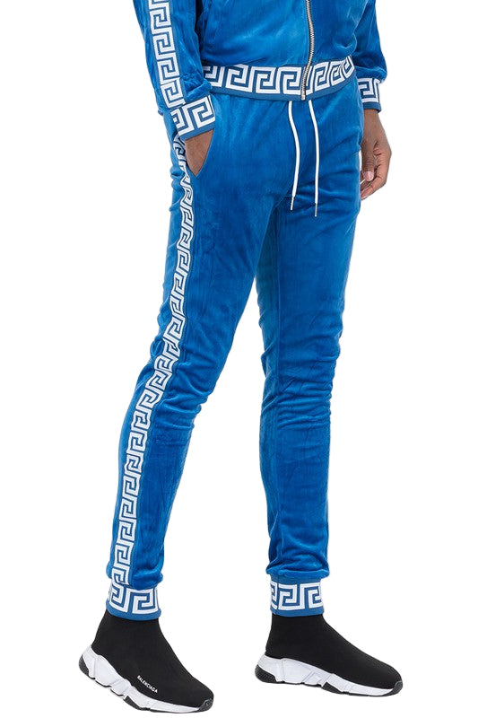 WEIV blue velour jogger pants with white patterned side stripes and drawstring waist